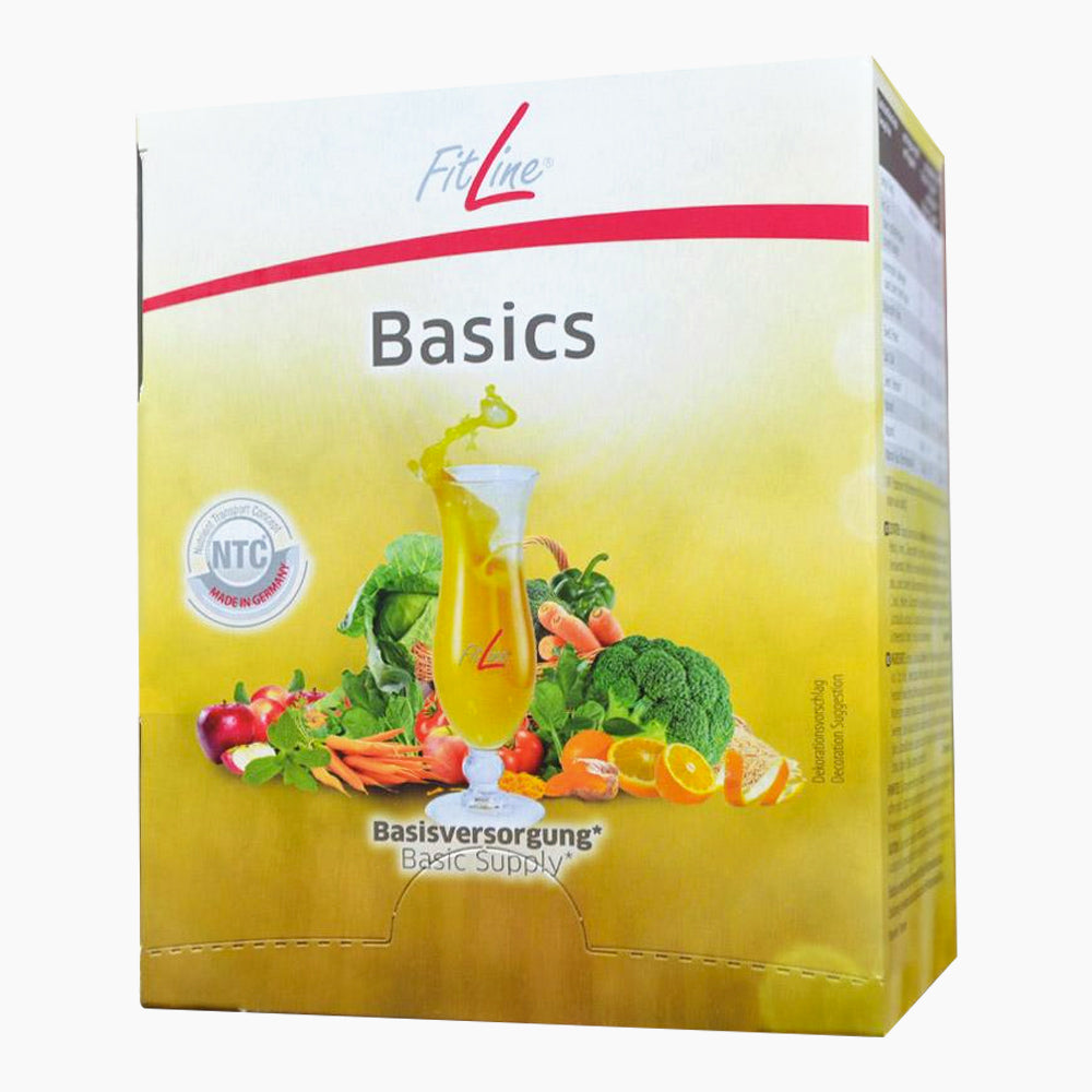 Faltschachtel FitLine Basics mit Aufdruck Glas gelbe Flüssigkeit und Gemüse, 30 Portionen