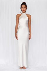 The Cleo Halter Satin Maxi Dress Pearl