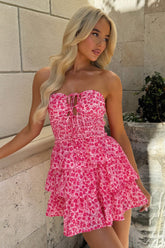 Janine Strapless Tiered Mini Dress - Pink Floral