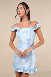 Pop the Bottle Light Blue Floral Jacquard Ruffled Mini Dress