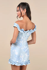 Pop the Bottle Light Blue Floral Jacquard Ruffled Mini Dress