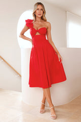 Vibrant Rendezvous One Shoulder Midi Dress Red