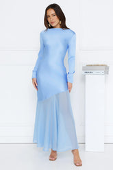 Exquisite Luxury Satin Long Sleeve Maxi Dress Blue