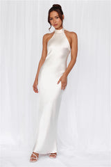 The Cleo Halter Satin Maxi Dress Pearl