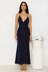 Zebra Charm Halter Maxi Dress Navy