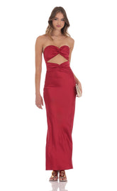 Satin Twist Cutout Maxi Dress in Red