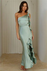 Glam Soir��e Satin One Shoulder Maxi Dress Sage