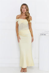 Silent Dreams Mesh Satin Off Shoulder Maxi Dress Yellow