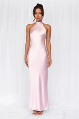 The Cleo Halter Satin Maxi Dress Pink