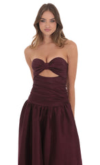 Cutout Drop Waist Strapless Maxi Dress in Wine