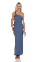 Satin One Shoulder Tassel Maxi Dress in Denim Blue