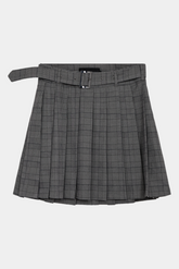 Fin, smuk, elegant, klassisk, staple, feminin, pæn, rå, cool, sej, unik, musthave, hverdag, fest, kvinde, dame, woman, nederdel, skirt, kort, short, knælang, plisseret, pleat, plisse, tern, chech, checkered, ternet, bælte, college, grå, grey, mørkegrå, melange, staple, klasssisk