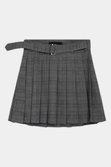 Fin, smuk, elegant, klassisk, staple, feminin, pæn, rå, cool, sej, unik, musthave, hverdag, fest, kvinde, dame, woman, nederdel, skirt, kort, short, knælang, plisseret, pleat, plisse, tern, chech, checkered, ternet, bælte, college, grå, grey, mørkegrå, melange, staple, klasssisk