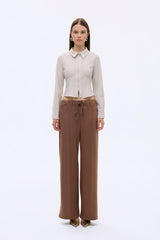 Dikiş Detaylı Yumuşak Dokulu Bol Paça Pantolon Kahverengi