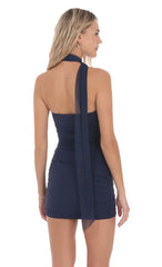 Mesh Scarf Halter Bodycon Dress in Navy