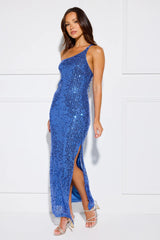 Shining Like Daylight Sequin One Shoulder Maxi Dress Blue
