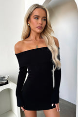 Aaliyah Off Shoulder Knit Mini Dress - Black
