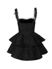 Schwarz 1950er Quadratischer Hals Spitze Kreuzen Bubble Kleid