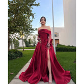 Sonicelife Customized Side High Split Long Trailing Off Shoulder Prom Dresses Bow vestidos de noche Mesh Gloves Formal Evening-(PRE-ORDER)