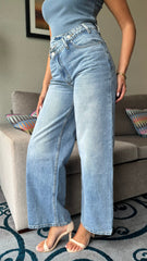 Trisha Light Blue Denim Asymmetrical Waist Wide Leg Jeans