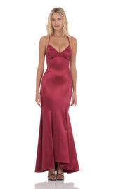 Satin Open Back Mermaid Maxi Dress in Maroon
