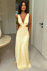 Emeline V-Neck Satin Maxi Dress - Yellow