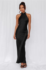 The Cleo Halter Satin Maxi Dress Black