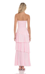 Strapless Asymmetrical Ruffle Maxi Dress in Pink