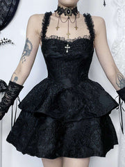 Schwarz 1950er Quadratischer Hals Spitze Kreuzen Bubble Kleid