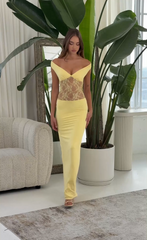 Off Shoulder Lace Cutout Maxi Dress in Yellow