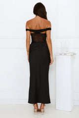 Silent Dreams Mesh Satin Off Shoulder Maxi Dress Black