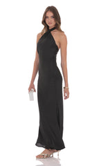 Satin Cross Halter Maxi Dress in Black