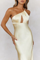 Kiss Of Celebration Satin One Shoulder Midi Dress Yellow