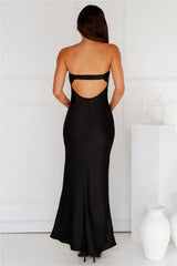 Coquette Touch Strapless Satin Maxi Dress Black
