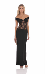 Off Shoulder Lace Cutout Maxi Dress in Black