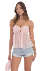 Floral Strapless Babydoll Top in Pink