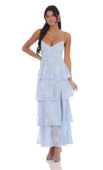Floral Ruffle A-line Maxi Dress in Sky Blue