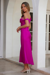 Stylish Season Off Shoulder Satin Midi Dress Fuchsia