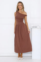 Coastal Daydream Off Shoulder Midi Dress Brown
