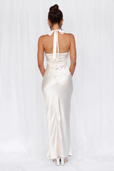 The Cleo Halter Satin Maxi Dress Pearl
