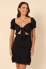 Rosie Shirred Tie Front Mini Dress - Black