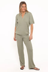 Yulissa Wide Ribbed Pant Set - Khaki Green