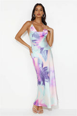 Melting Rainbow Satin Halter Maxi Dress Print