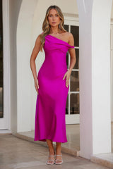 Stylish Season Off Shoulder Satin Midi Dress Fuchsia