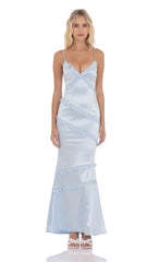 Satin V-Neck Ruffle Mermaid Maxi Dress in Light Blue