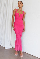 Nadia Ruched Fishtail Maxi Dress Hot Pink by Selfie Leslie