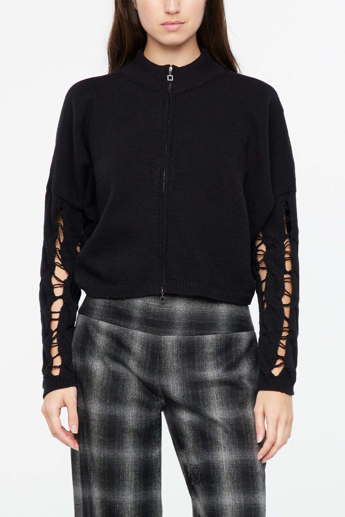 Sarah Pacini Dik Yaka Yırtık Detaylı Fermuarlı Triko Ceket-Libas Trendy Fashion Store