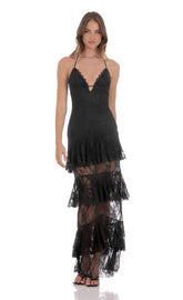 Sheer Lace Ruffle Maxi Dress in Black