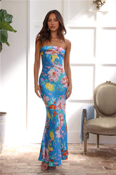 Sale-Dress Tropics In Bloom Satin Maxi Dress Blue