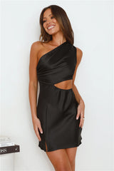 Dreamcatcher Satin One Shoulder Mini Dress Black
